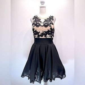 Chi Chi London Black & Nude Floral Appliqué Fit-and-Flare Mini Dress